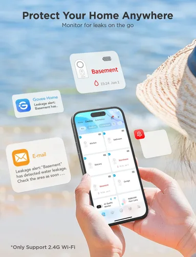 Vista 2 de Govee Sensor de agua wifi, paquete de 1, detector inteligente de fugas de agua, alarma ajustable de 100 dB adecuada para el hogar y sótano, alerta