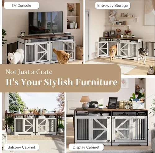 Vista 5 de Donox Mueble de jaula para perros para 1 o 2 perros, doble perrera con divisor extraíble y puertas dobles, mesa consola de madera resistente