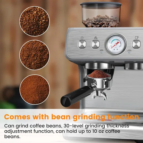 Vista 4 de Máquina de café expreso con molinillo integrado, cafetera profesional de 15 barras con espumador de leche, cafetera espresso de acero inoxidable