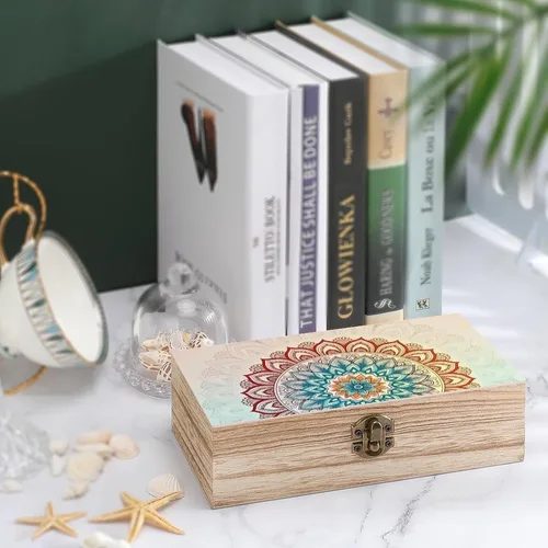 Vista 4 de Mandala Floral Wooden Storage Box with Hinged Lock,Decorative Handmade Keepsake Jewelry Chest, Elegant Retro Decor Boxes, Compact Organizer Box for