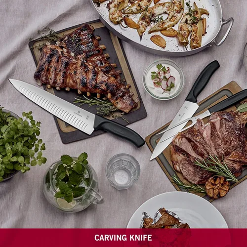 Vista 5 de Victorinox Swiss Classic, Cuchillo de trinchar, hoja extra afilada, borde estriado, 9.8 in, mango de plástico, acero inoxidable, negro