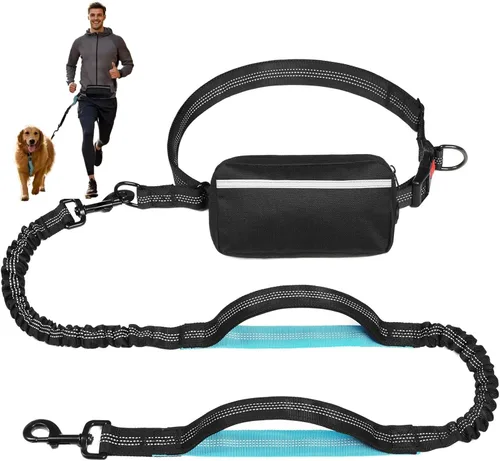 Correa de perro manos libres con bolsa de cremallera, doble asa acolchada correa para correr para perros medianos y grandes, correa retráctil para