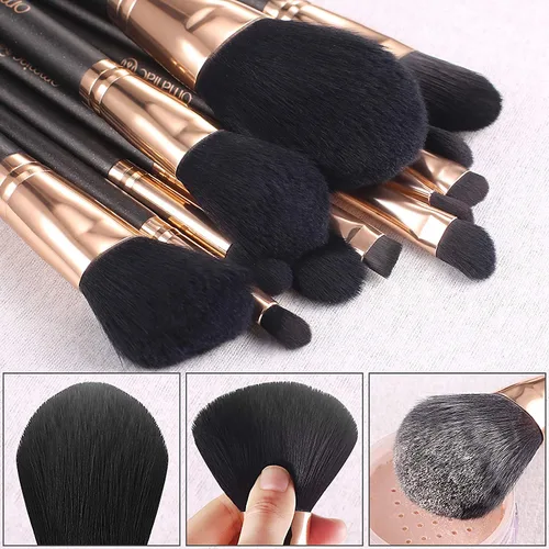Vista 2 de OMANIAC Juego de brochas de maquillaje profesional, 12 brochas de maquillaje con mango de madera nacarada, pelo de fibra sintética sin crueldad