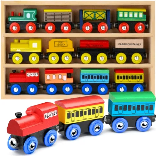 Juego de Tren de Madera de 12 Piezas - Juego Magnético de Juguetes de Tren Incluye 3 Motores - Juegos de Tren de Juguete para Niños Pequeños y Niñas