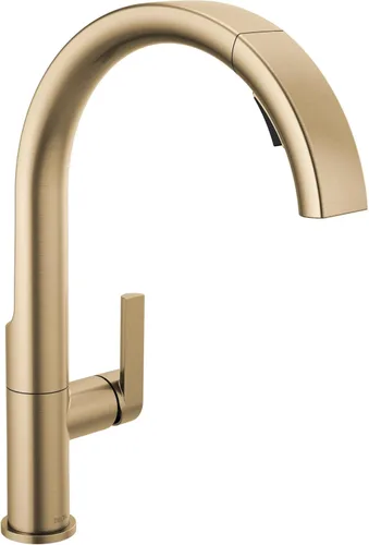 Delta Keele Grifo de cocina dorado cepillado con pulverizador extraíble, grifo de cocina de un solo agujero dorado cepillado moderno, manija única,