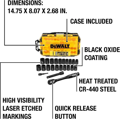 Vista 6 de DEWALT - Juego de llaves de impacto con carraca, métrica/SAE, 1/2" de transmisión, juego de 23 piezas con estuche (DWMT74739)