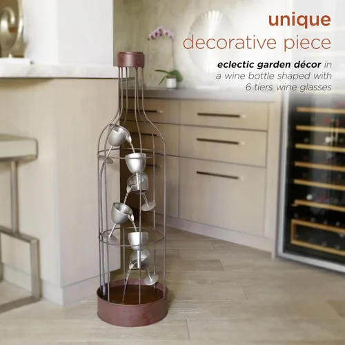 Vista 4 de Alpine Corporation IPS210 Fuente de agua ecléctica rústica con forma de botella con copas de vino escalonadas, 44 pulgadas, marrón