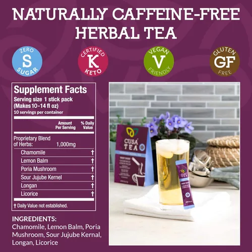 Vista 2 de Cusa Tea & Coffee Deep Doze Herbal Tea Té instantáneo sin cafeína premium Té caliente y helado sin azúcar añadido (30 porciones individuales)