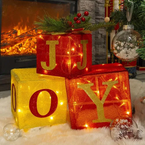 Hourleey Juego de 3 cajas de regalo iluminadas de Navidad, 60 luces LED preiluminadas, cajas de regalo con ornamentos de alegría, decoraciones para