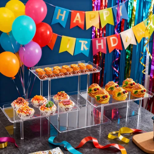 Vista 4 de Juego de exhibición de mesa de postres de acrílico, soporte transparente para cupcakes, bandejas y platos de 3 niveles, soporte para bufé y soporte