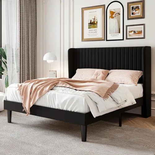 Vista 26 de SHA CERLIN Base de cama de terciopelo tamaño King con cabecera capitoné de canal vertical, plataforma tapizada con listones de madera, no necesita