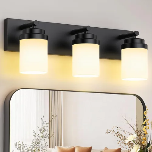 Vista 35 de IZORRO Lámpara de tocador de baño, 3 luces de 22 pulgadas, color negro mate, con pantalla de vidrio transparente, luces modernas de tocador
