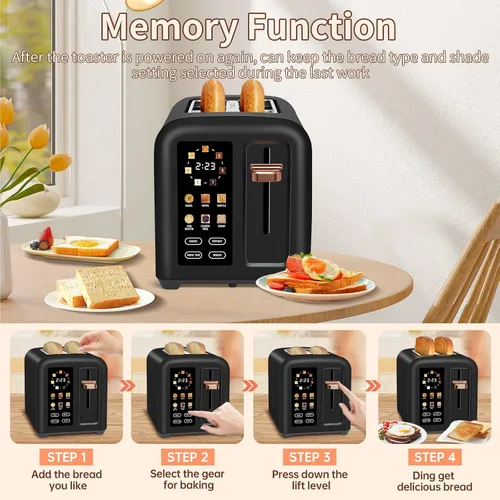 Vista 8 de SEEDEEM Tostadora de 2 rebanadas, pantalla LCD de tostadora de acero inoxidable con control táctil, velocidad de calentamiento 50% más rápida