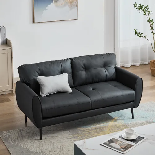 Vista 6 de TYBOATLE Sofá de sofá de 61 pulgadas de cuero sintético negro, sofá de dos plazas pequeño para sala de estar, sofá de estilo moderno de mediados