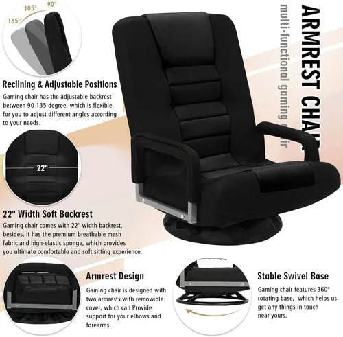 Vista 7 de Silla de juegos giratoria de piso con reposabrazos, sofá reclinable plegable de video con 6 posiciones ajustables, respaldo acolchado y cojín, sofá