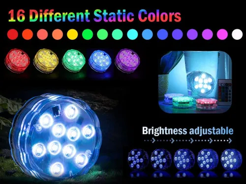 Vista 2 de Luces LED sumergibles, 4 unidades, impermeables, bajo el agua, control remoto, funcionan con pilas, inalámbricas, luces LED sumergibles multicolor