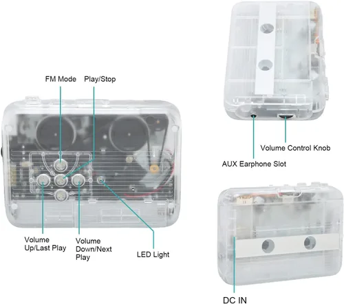 Vista 3 de Lazmin112 Reproductor de casete Bluetooth, reproductor de cinta de audio estéreo portátil con auriculares, función de marcha atrás automática