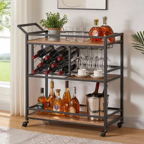 Vista 2 de FATORRI Carrito de bar para el hogar, carritos de vino rodantes sobre ruedas con estantes de madera de 3 niveles, carrito de bebidas de licor