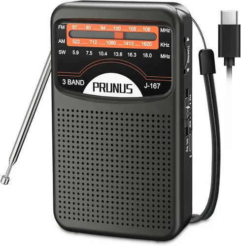 PRUNUS Radio portátil AM FM con carga USB, conector para auriculares, radios portátiles, excelente recepción, perilla fácil de usar, radio