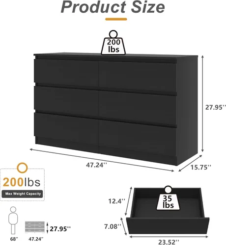 Vista 3 de Vibe & Dine Cómoda doble con 6 cajones, cómoda moderna con amplio almacenamiento para armario, dormitorio, sala de estar, color negro