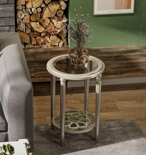 Vista 3 de COSIEST Mesa auxiliar redonda, mesa auxiliar de cristal con marco de madera, mesita de noche dorada champán con estilo moderno para sala de estar