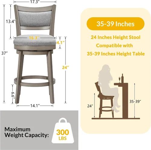 Vista 3 de PrimeZone Juego de 2 taburetes de bar giratorios de 24 pulgadas de altura de mostrador, taburete de bar de respaldo alto con patas de madera maciza