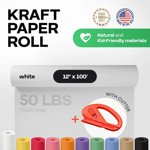 Vista 107 de Rollo de papel kraft amarillo de 36" x 1200" (100 pies) con cortador - Papel de regalo hecho en EE. UU. para embalaje, mudanza, envío
