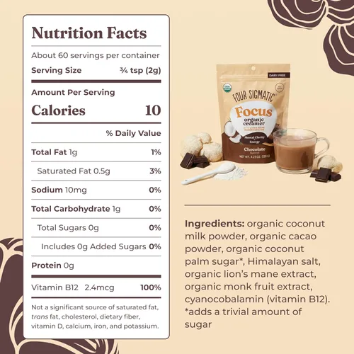 Vista 2 de Four Sigmatic Focus Chocolate Coffee Creamer Crema de café sin lácteos orgánica con Lion’s Mane y Vitamina B12 Chocolate, 4.23 oz