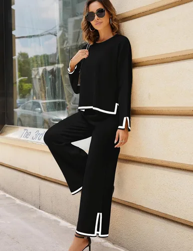 Vista 6 de Faleave Conjunto de 2 piezas de punto para mujer, suéter de manga larga, sin botones, pantalones de pierna ancha, conjunto de ropa deportiva