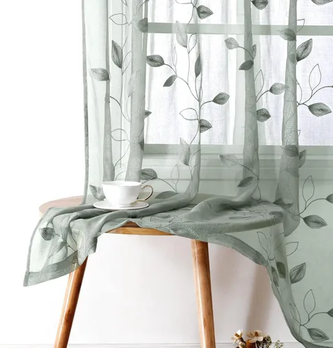 Vista 44 de HOMEIDEAS Cortinas traslúcidas amarillas de 84 pulgadas de largo, 2 paneles de cortinas bordadas con patrón floral amarillo y blanco, cortinas