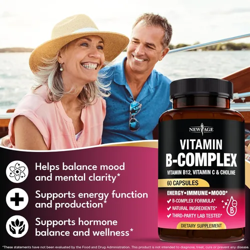 Vista 3 de Complejo de vitamina B para hombres y mujeres - Hecho en Estados Unidos - Complejo B: B1, B2, B3, B5, B6, B7, B8, B9, B12 con vitamina C, colina