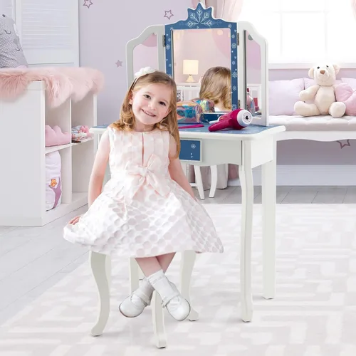 Vista 8 de GLACER Vanity - Tocador de maquillaje 2 en 1 con parte superior desmontable, espejo de tres pliegues, cajón, taburete, juego de mesa y silla