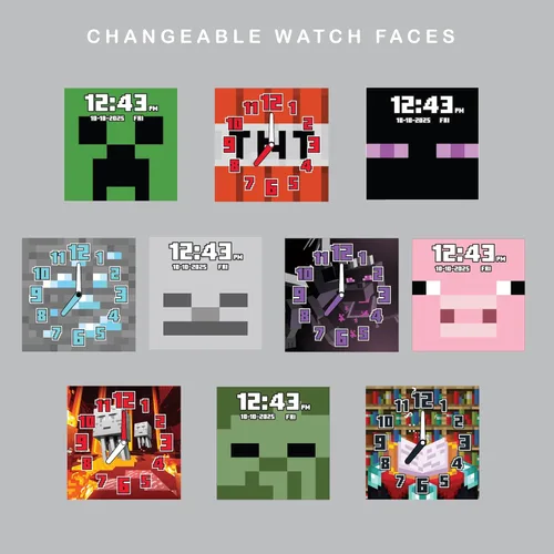 Vista 4 de Minecraft - Reloj inteligente LED interactivo con temática de juegos para niños, 10 caras intercambiables, contador de pasos, calculadora
