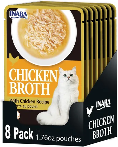 INABA Caldo de pollo, guarnición/adorno para gatos con vitamina E, bolsa de 1.76 onzas, 8 bolsas en total, receta de pollo