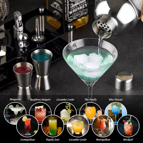 Vista 6 de Juego de coctelera de camarero: kit de camarero de acero inoxidable de 15 piezas con barras acrílicas con todos los accesorios prácticos de barras