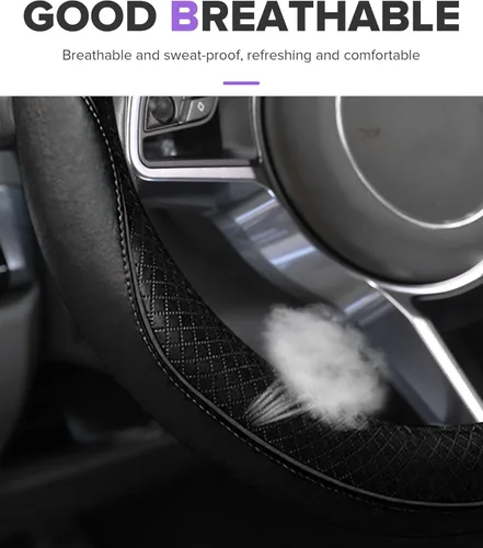 Vista 4 de Funda para volante, accesorios de automóvil, fundas de cuero de microfibra para volante de automóvil, protector universal de 15 pulgadas