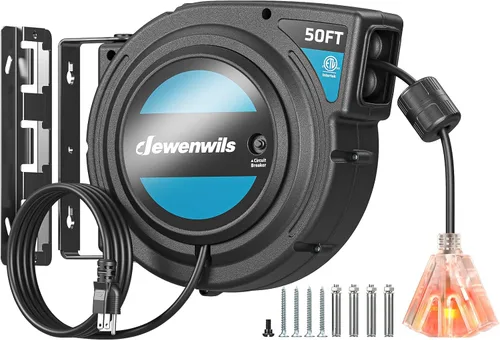 Vista 9 de DEWENWILS Carrete de cable de extensión retráctil, cable de alimentación resistente de 50 pies, 14AWG/3C SJTOW, 3 tomas de tierra con triple llave