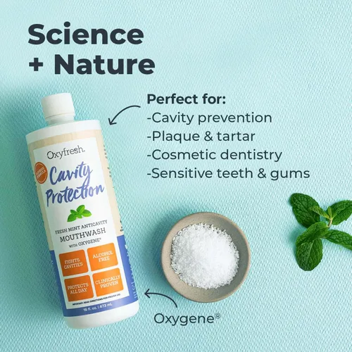 Vista 4 de Oxyfresh Enjuague bucal con flúor de protección de caries, enjuague bucal anticaries para dientes sensibles, sin manchas, sin alcohol, aliento