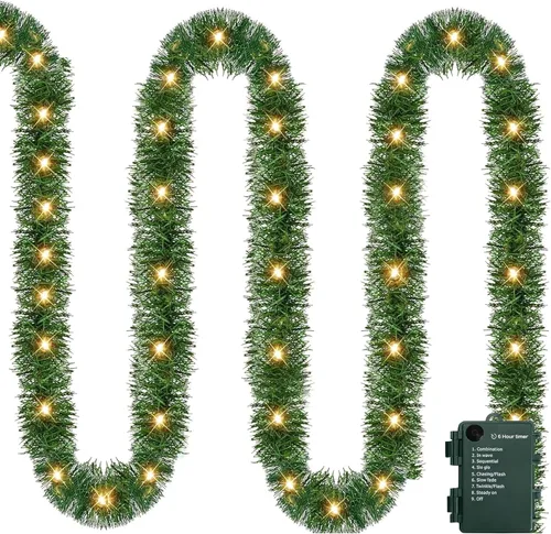 FUNPENY Guirnalda decorativa de Navidad, guirnalda de Navidad artificial preiluminada de 15 pies con 50 luces LED, funciona con pilas, decoración