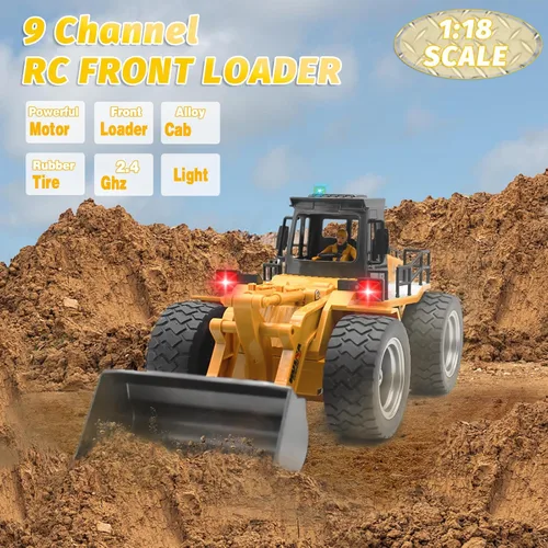 Vista 2 de Fistone Cargador frontal RC, tractor de pala de aleación 4WD, 9 CH 2.4Ghz Bulldozer RC Vehículo de construcción, control de radio, camión de juguete