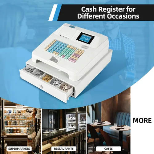 Vista 6 de Caja registradora electrónica con pantalla LED de 48 teclas con bandeja de efectivo extraíble e impresora térmica, caja registradora para pequeñas