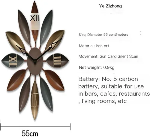 Vista 2 de Wall Clock European and American Retro Industrial Style Iron Leaf Wall Clock Decoration Clock Living Room Creative Mute Wall Clock Large(Blue)