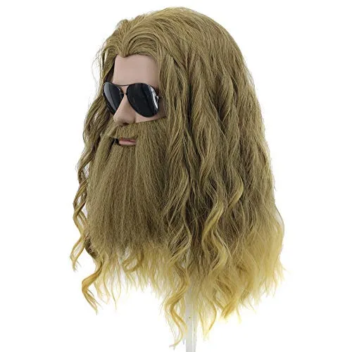 yuehong Peluca larga y rizada rubia para hombre, peluca Thor Endgame, pelucas de pelo de superhéroe para cosplay con barba grande, peluca de fibras