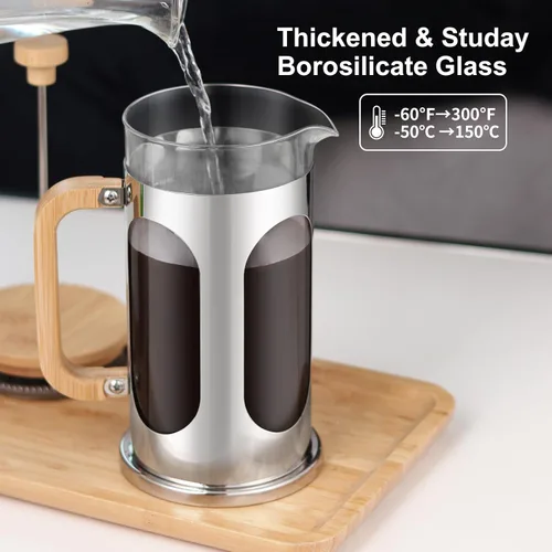 Vista 3 de Sivaphe Cafetera de prensa francesa sin plástico de 34 onzas, tapa de bambú de vidrio borosilicato y asa, prensa de té de café, 8 tazas, 33.8 fl oz