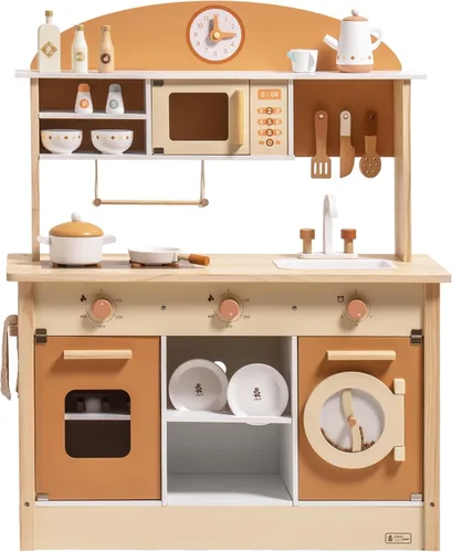 Vista 10 de ROBUD Juego de Cocina de Juguete, Cocina de Madera con Máquina de Hielo, Refrigerador, Cafetera, Horno, Lavavajillas, Microondas, Accesorios