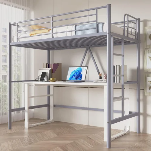 VECELO Cama Alta de Metal Tamaño Twin, Armazón de Cama de Servicio Pesado con Escalera Removible y Barandilla de Seguridad, Ahorro de Espacio, Libre