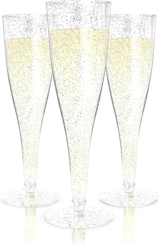 Vista 20 de Prestee 200 Flautas de Champán Desechables con Purpurina Dorada - Copas de Champán de Plástico de 4.5 Oz para Fiestas, Brindis de Boda, Barra