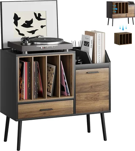 Vista 9 de Semiocthome Soporte para tocadiscos con caja de almacenamiento de vinilo anidable, mesa para tocadiscos con cajón y patas de madera maciza, mesa