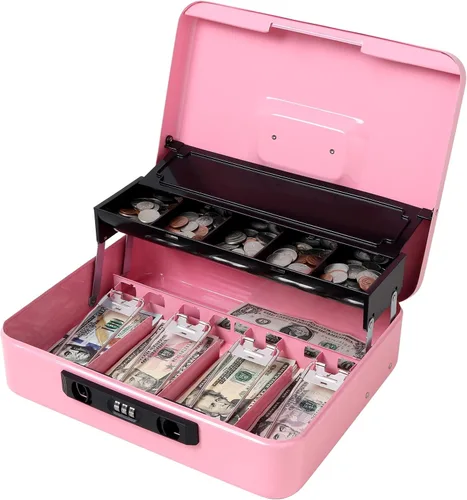 Vista 15 de Jssmst - Caja de efectivo de metal grande con bandeja de dinero,Caja de bloqueo
