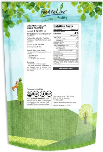 Vista 2 de Polvo de maca amarilla orgánica, 4 onzas, sin OMG, Kosher, molido crudo, harina, a granel